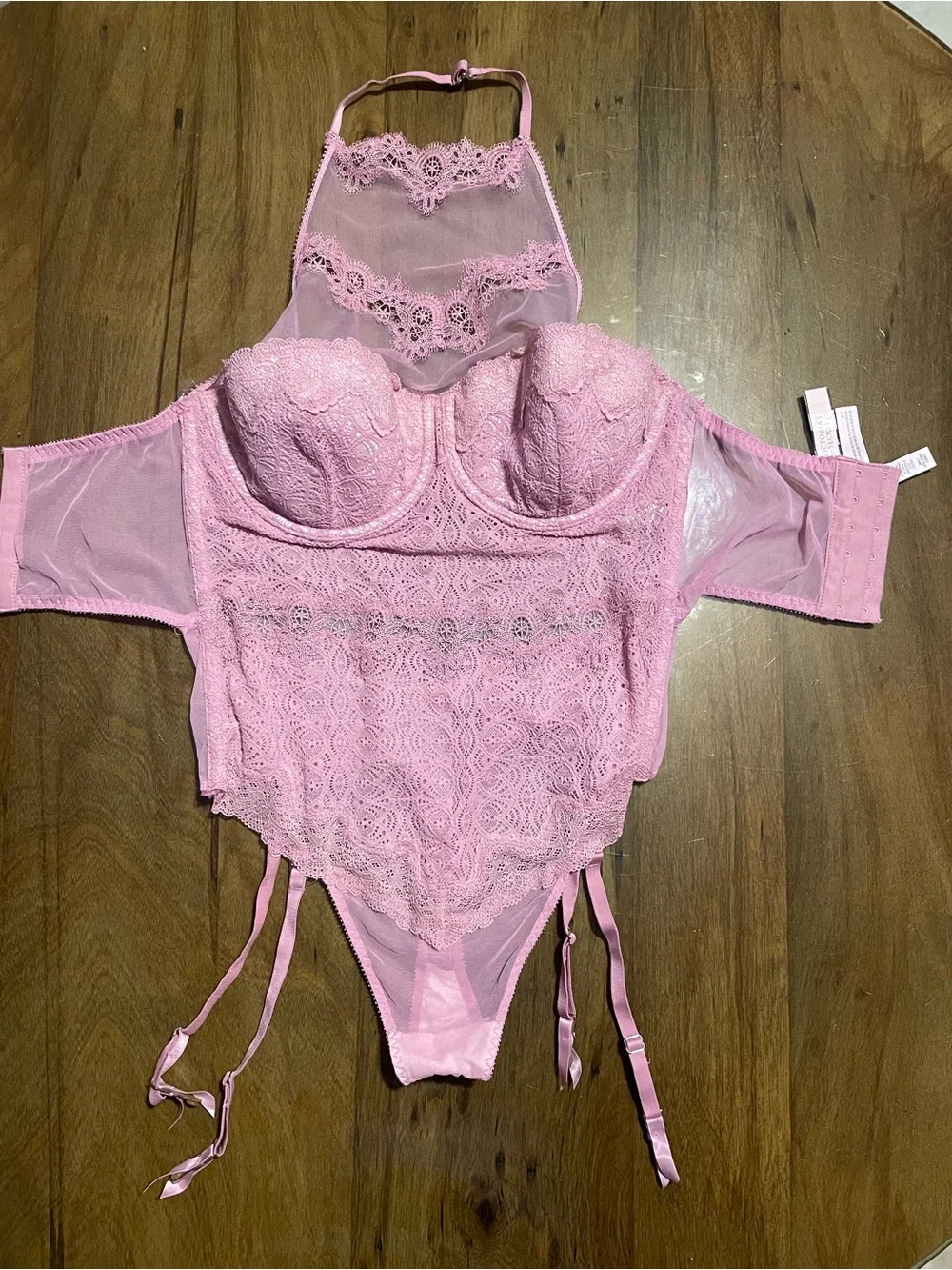 NWT Victoria's Secret Very Sexy High-Neck Lace Bodysuit Teddy Pink 36C